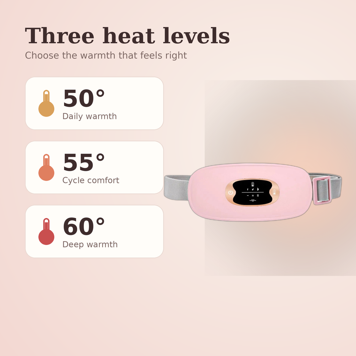 Lulla Relief Belt — three heat levels: 50, 55, 60 degrees